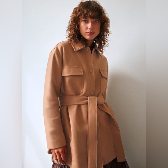 Aritzia Wilfred Rialto Wool Belted Shirt Jacket Camel Tan XS